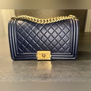 Chanel Navy Quilted Leather Boy Bag Medium